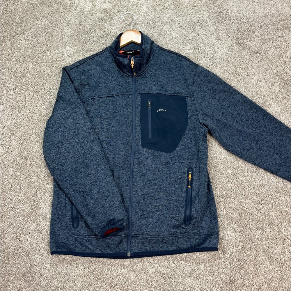 Orvis Jacket Mens Medium Rust Orange Blue Heathered Sweater Fleece Full Zip EUC